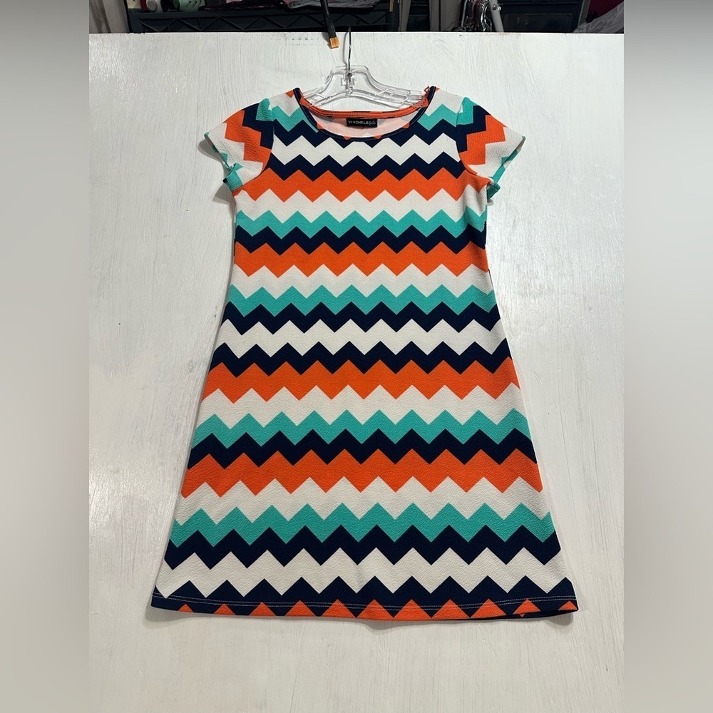 My Michelle Girls Chevron Knit Dress Size 10 Orange Teal Navy Short Sleeve